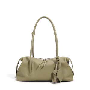 Bolso de Hombro de Cuero Genuino Gris Claro con Decoración de Borlas, Estilo Minimalista, Dos Asas, Cierre de Cremallera, para Todas las Temporadas - Product Image 2