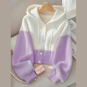 เสื้อสเวตเตอร์ถักมีฮู้ดสำหรับผู้หญิง สีไล่ระดับ แขนยาว สวมใส่สบายๆ ในฤดูใบไม้ร่วง สีขาว สีฟ้า ติดกระดุม ความยาวปกติ - Product Image 6