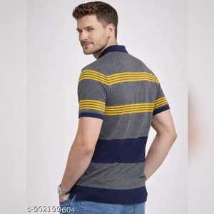 เสื้อโปโลผู้ชายลายทางสีเทา แขนสั้น กระดุมติด คอปก แต่งสีตัดกัน ผ้าถัก สไตล์ลำลอง - Product Image 2