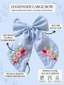 Pince à cheveux en tissu avec broderie et perles, grand ruban, accessoire de mode pour filles, vente en gros - Product Image 6