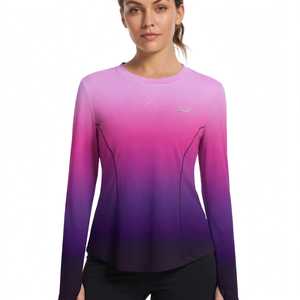 Haut court à manches longues pour femme, col rond, 100 % coton respirant, dégradé violet, impression en relief, style sportif - Product Image 1