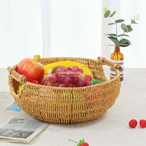 ชามหวายทรงกลมวินเทจพร้อมหูจับไม้คู่ ถาดเสิร์ฟแบบตาข่ายสานธรรมชาติรักษ์โลกสำหรับขนมปังและของว่าง - Product Image 5