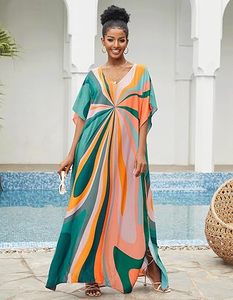 Robe Abaya Maxi Col V Manches Courtes Coupe Ample Motif Géométrique Ourlet Asymétrique Plage Été Femme Polyester Style Bohème - Product Image 6
