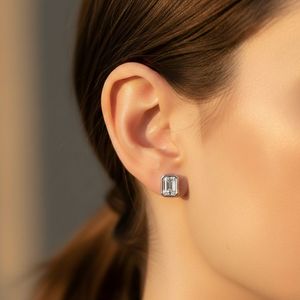 0.50CTW <b>Emerald</b> Cut Diamond Bezel <b>Stud</b> Earrings Yellow Gold Lab Grown E-F Color IGI Certified Minimalist Solitaire Wedding - Product Image 1