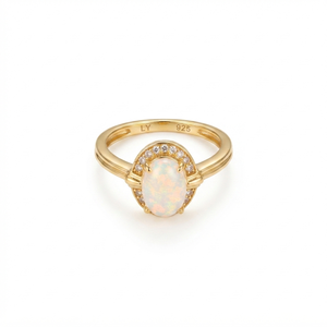 Unisex 925 Silver Oval <b>Opal</b> <b>Ring</b> with Round Brilliant Cut Pave White Zircon Halo Prong Setting Classic Engagement Wedding Band - Product Image 4