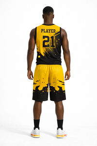 Ensemble d'uniformes de basketball personnalisés par sublimation, maillot jaune et noir, short, nom de l'équipe 21, polyester respirant, adulte unisexe - Product Image 5