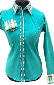 Camisa Western Show de vaquera hecha a mano en tafetán elástico con acento verde azulado - Product Image 5