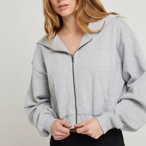 Women's Gray Hooded <b>Zip</b>-<b>Up</b> <b>Cropped</b> Sweatshirt Regular Sleeve Knitted Breathable Winter Wear Polyester Casual Lined Pockets - Product Image 4