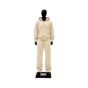 Conjunto de chándal de terciopelo beige para mujer, sudadera con capucha de cremallera completa y pantalones de pierna ancha, dos piezas, con pedrería, de lujo, estilo casual urbano, para correr - Product Image 1