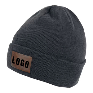 Unisex Solid Color Beanie <b>Hat</b> with Leather Logo Patch 100% Acrylic Winter <b>Warm</b> Casual Wear for Adults - Product Image 4