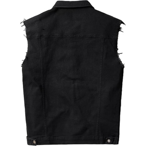 Custom Men's Summer <b>Black</b> 100% Cotton <b>Denim</b> Sleeveless <b>Vest</b> Raw Edge Biker Casual Streetwear Waistcoat - Product Image 5