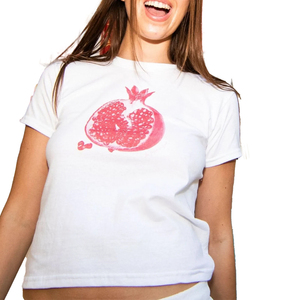 T-shirt blanc pour femme, coupe courte, imprimé grenade, manches courtes, col rond, jersey de coton, coupe décontractée, taille normale - Product Image 3