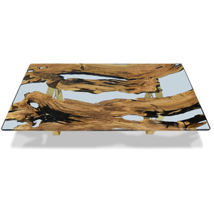 Table à manger moderne en bois massif et résine époxy, pieds en métal doré, rectangulaire, faite à la main, mobilier de maison, 6 places, à assembler - Product Image 4