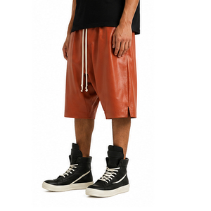 <b>Men's</b> Brown PU Leather New Style Unique Design Cowhide Leather Canvas <b>Shorts</b> Custom Made SOLID Color Breathable Quick Dry High - Product Image 2