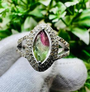 Vintage Bio Tourmaline Marquise Cut Natural <b>Crystal</b> Cocktail <b>Ring</b> 925 Silver Pave Setting Women's Everyday Wear - Product Image 3