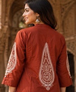 Red Roman Silk <b>Embroidered</b> Women Traditional Wear India Pakistan Style Floral Pattern Spring Summer Casual Daily Use Breathable - Product Image 2