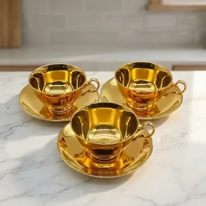 ชุดถ้วยชาและจานรองสแตนเลสสตีลสีทอง แก้วกาแฟสองชั้นเก็บความร้อน ถ้วยเอสเพรสโซ ลาเต้ ชา สำหรับใช้ในบ้านและที่ทำงาน - Product Image 5