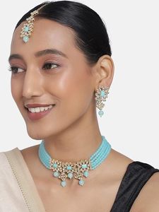 Conjunto de Collar y Pendientes de Cristal con Flores Chapadas en Oro, Joyería Vintage para Mujer, Aleación, Imitación de Perla, Azul Turquesa - Product Image 5