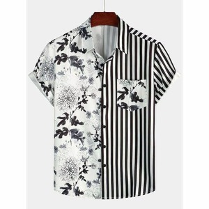 Camisa de Manga Corta para Hombre, Cuello en V, Estampado Geométrico, Corte Holgado, Informal, Tejida, 100% Poliéster, Verde Naranja, con Botones, para Verano - Product Image 4