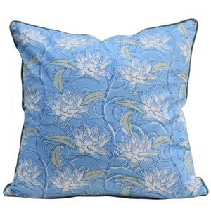 Hot Selling Hand Block Printed Piping Cushion Cover Square <b>Throw</b> Pillow Japan Lotus <b>Blue</b> Gud Color Home Decor Wholesale Supplier - Product Image 1