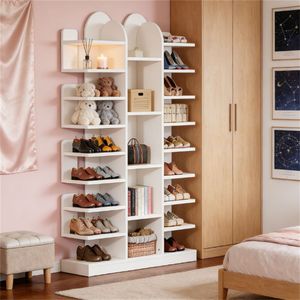 ชั้นวางรองเท้าไม้แบบอิสระพร้อมชั้นวางของแบบเปิดและขาตั้ง - Product Image 4