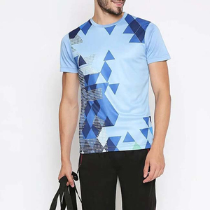 Camiseta de Manga Corta para Hombre, con Patrón Geométrico Azul, Cuello Redondo, Transpirable, Tejida, Corte Regular, Estilo Casual - Product Image 3