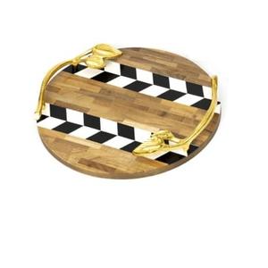 Bandejas de madera para servir pizza con incrustaciones de hueso, bandeja de desayuno de diseño con asa dorada, bandeja moderna para servir comida y pasteles - Product Image 1