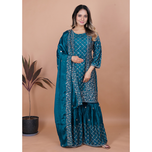 Chinon Silk Sequin <b>Kurti</b> Flowy Sharara Heavy Embroidered Dupatta Stitched Women Three Piece Wedding Salwar Suit Set - Product Image 1