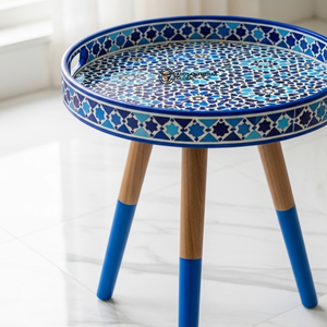 Handcrafted Blue Decorative <b>Stool</b> – <b>Round</b> Wooden Seating for Living Room Stylish Modern Accent Furniture - Product Image 2