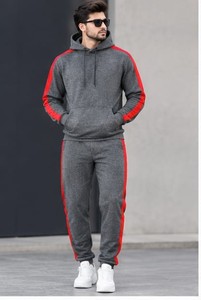 Chándal con Capucha para Hombre, Color Gris y Rojo, Estilo Urbano, Mangas Largas, Bolsillos Laterales con Cordón, Ropa de Invierno, 100% Algodón Felpa - Product Image 6