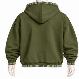 Sweat-shirt à capuche surdimensionné vert olive avec bordure cousue, effet vieilli, surpiqûres contrastées, poche kangourou, style streetwear décontracté - Product Image 2