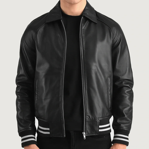 Men's Black Genuine Leather Waterproof Breathable Eco-Friendly Windproof Bomber Jacket Turn-down Collar Zipper Closure Regular - Product Image 1