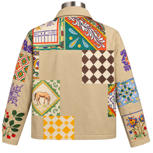 Chaqueta de Trabajo Color Caqui con Mosaico, Estampado Floral, Cierre de Botones, Estilo Casual, con Bolsillos, Diseño Artístico - Product Image 2
