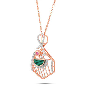 Collier avec pendentif en plumes de paon, malachite et pierres de rubis, serti de diamants - Product Image 2