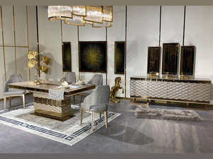 Ensemble de salle à manger moderne de luxe en teck massif noir et or, 6 chaises, table rectangulaire, mobilier contemporain pour villa, maison, cuisine - Product Image 5