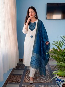 NOIIR PIGEON <b>Womens</b> Cotton Blend <b>Kurta</b> Pant Chanderi Printed Dupatta Set Quick Dry Wrinkle Free Fully Stitched Indian - Product Image 4