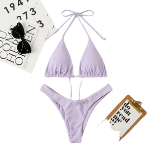 Conjunto de Bikini Estampado de Leopardo para Mujer, 2 Piezas, Top Halter, Braguita Tanga, Traje de Baño Acanalado, Ajuste Elástico, Estilo Regular, Cordón Ajustable Sin Costuras - Product Image 1