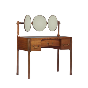 Art Deco Teak Wood Vanity Dressing <b>Table</b> with Triple Oval <b>Mirrors</b> & Brass Hardware - Product Image 1
