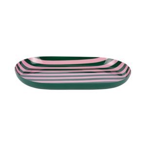 Plateau de service moderne en émail rose rayé, plat décoratif ovale en métal, plateau à collation vert foncé fait main pour la maison et l'hôtellerie - Product Image 1