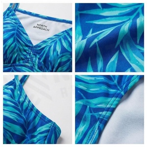 Blue Butterfly Print 2 Piece Yoga <b>Set</b> With Gold Trim Deep V Neck Halter Bodysuit And Knee Length Wrap <b>Skirt</b> - Product Image 4