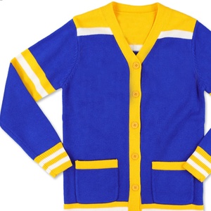 Cardigan tricoté jaune pour femme, col en V, manches longues, avec rayures violettes et boutons, pull décontracté classique - Product Image 6