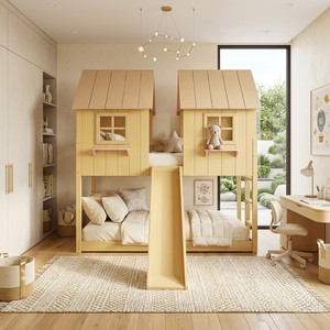 Wooden House <b>Bunk</b> <b>Bed</b> Twin Size <b>With</b> <b>Slide</b> Scandinavian Design For Kids Bedroom - Product Image 1