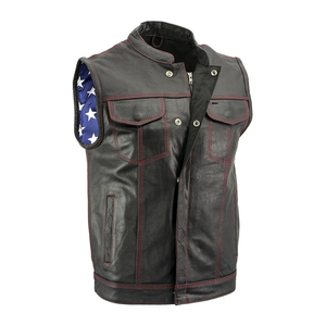 Veste de motard en cuir noir premium pour homme Samroz Sports avec doublure à motifs de drapeau et surpiqûres rouges - Product Image 3