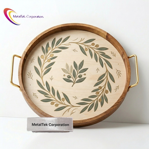 Eco-Friendly Round Mango Wood <b>Serving</b> <b>Tray</b> <b>Gold</b> Metal Handles Olive Leaf Print Decorative Platter Premium Wedding Gift Wood <b>Tray</b> - Product Image 1