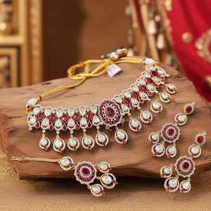 Ensemble de collier choker en diamants américains de créateur avec pierres Polki Kundan plaqué or 24 carats pour les occasions nuptiales - 10575591ML - Product Image 3