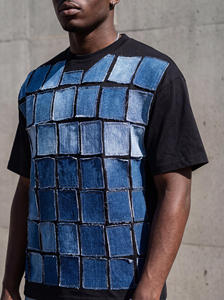Custom Men's Regular Fit <b>Patchwork</b> T-<b>Shirt</b> Knitted Applique Short Sleeve Crew Neck Breathable Eco-Friendly Streetwear Fashion - Product Image 5