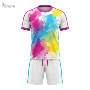 Conjunto de Uniforme de Fútbol Sublimado Completo OEM, Cuello Redondo, Diseño Abstracto en Tonos Pastel, Pantalones Cortos Blancos, Ropa Deportiva Transpirable - Product Image 1
