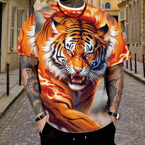 T-shirt graphique 3D Roaring Fire Tiger pour hommes |   T-shirt à sublimation animale Flamme Intense |   Haut urbain streetwear orange vif - Product Image 3