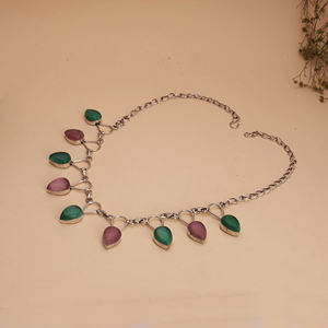 Collar de Cadena con Cuentas Étnicas Chapado en Plata Antigua para Mujer, con Piedra en Forma de Lágrima Verde y Rosa, Regalo de Aniversario - Product Image 3