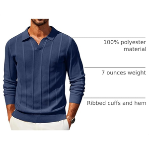 เสื้อโปโลแขนยาวถักสำหรับผู้ชาย สีพื้น ผ้าโพลีเอสเตอร์ 100% แขนยาว ปลายแขนแบบริบ เหมาะสำหรับใส่ลำลองในฤดูใบไม้ร่วง - Product Image 6